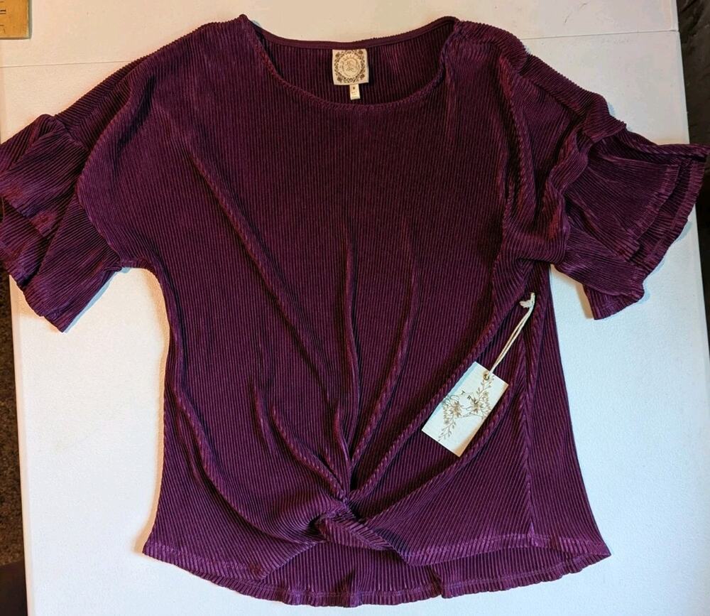 TRU SELF Plum Textured Plissé Ruffle Sleeve Knot Front Blouse NWT